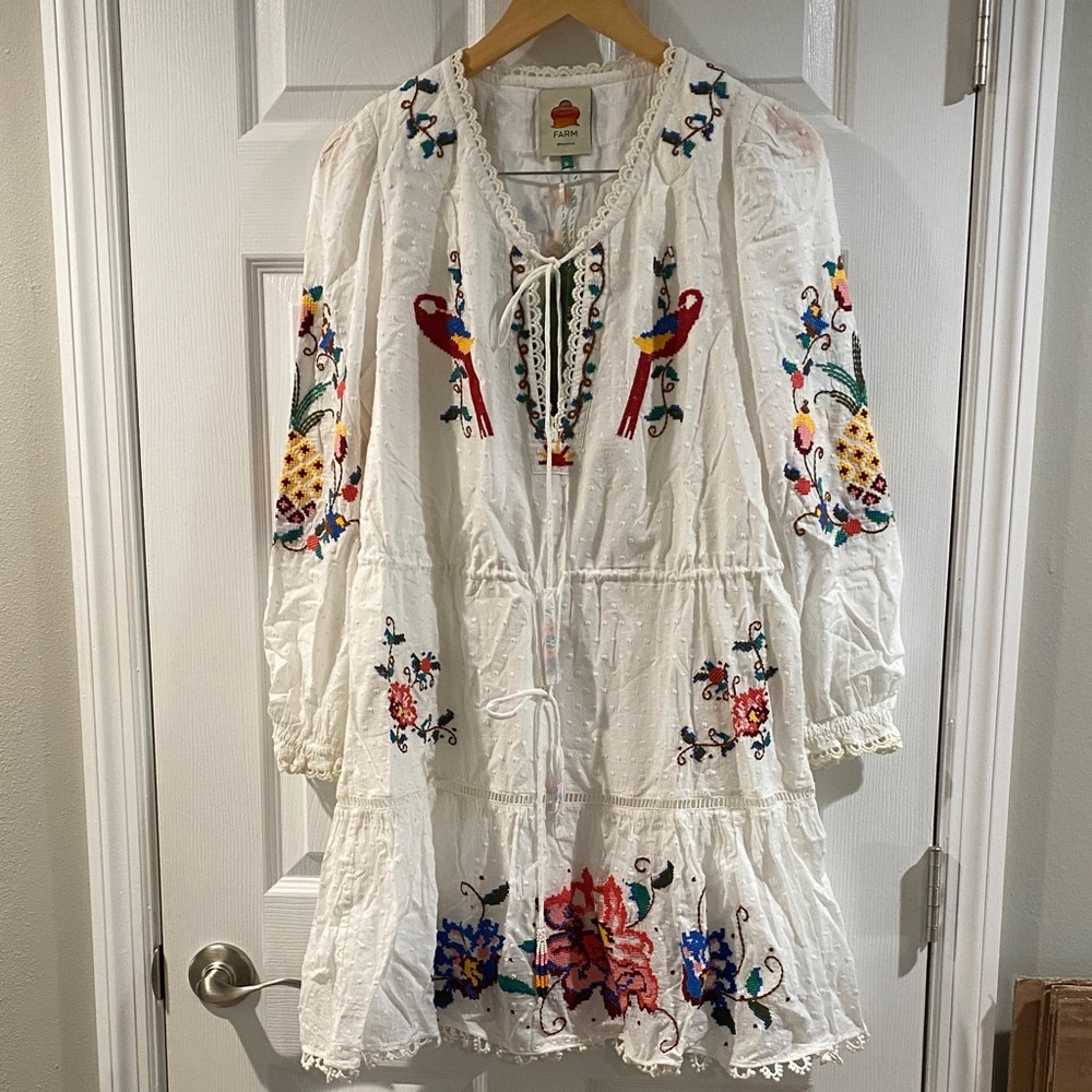 Farm Rio Embroidered White Boho Dress w/ Colorful Accents - Size Medium